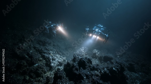 Two futuristic underwater drones scan the dark ocean floor with powerful lights. Concept of deep-sea robotics, marine exploration, technology, and environmental research in extreme conditions.