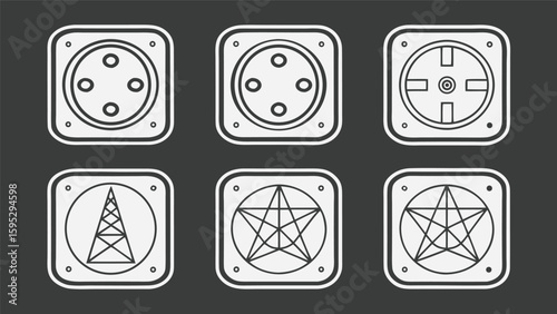 Collection of six stylized icons representing technology and mysticism