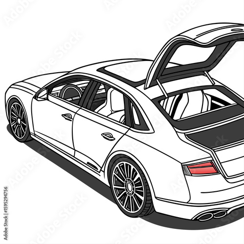 White luxury sedan with open trunk and sunroof luxury car white car
