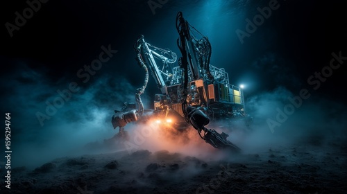 Futuristic robotic underwater mining vehicle excavating deep ocean floor in low light conditions. Concept of seabed mining, marine engineering, and advanced submersible technology.