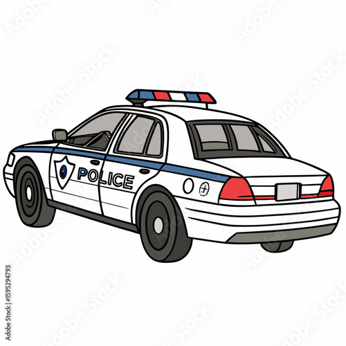 White police car with blue stripe and red blue lights law enforcement vehicle