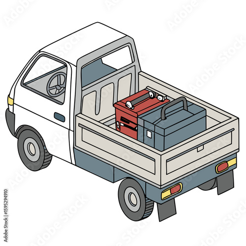 White utility truck with red and blue toolboxes vehicle transport