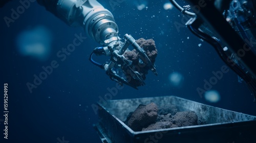 Underwater robotic claw picks up polymetallic nodules from deep-sea floor into container. Futuristic concept of ocean mining, marine robotics, and technological exploration in extreme environments.