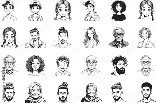 Diversity of Human Portraits: A curated collection of detailed portrait illustrations, showcasing the rich tapestry of human appearance. Each portrait, meticulously crafted.