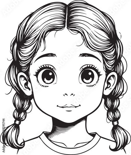 Smiling Portrait of a Girl: A captivating monochrome illustration showcases the innocent face of a young girl with braided hair.
