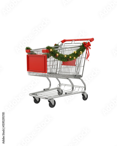 3D metal troli belanja isolated on white. Realistic festive decoration for greeting cards, banners, seasonal holiday design