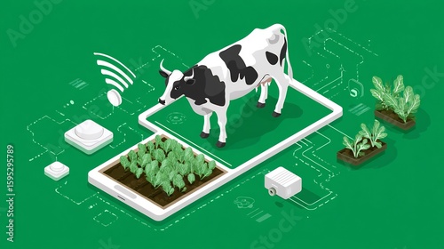 Isometric smart farming concept featuring modern technology and sustainable agriculture