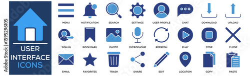 User Interface icon set collection. Containing design Home, Menu, Notification Bell, Search, Settings Gear