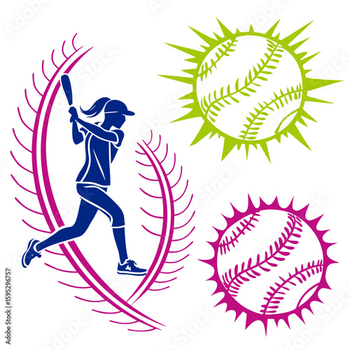 Softball player batting with baseballs sport