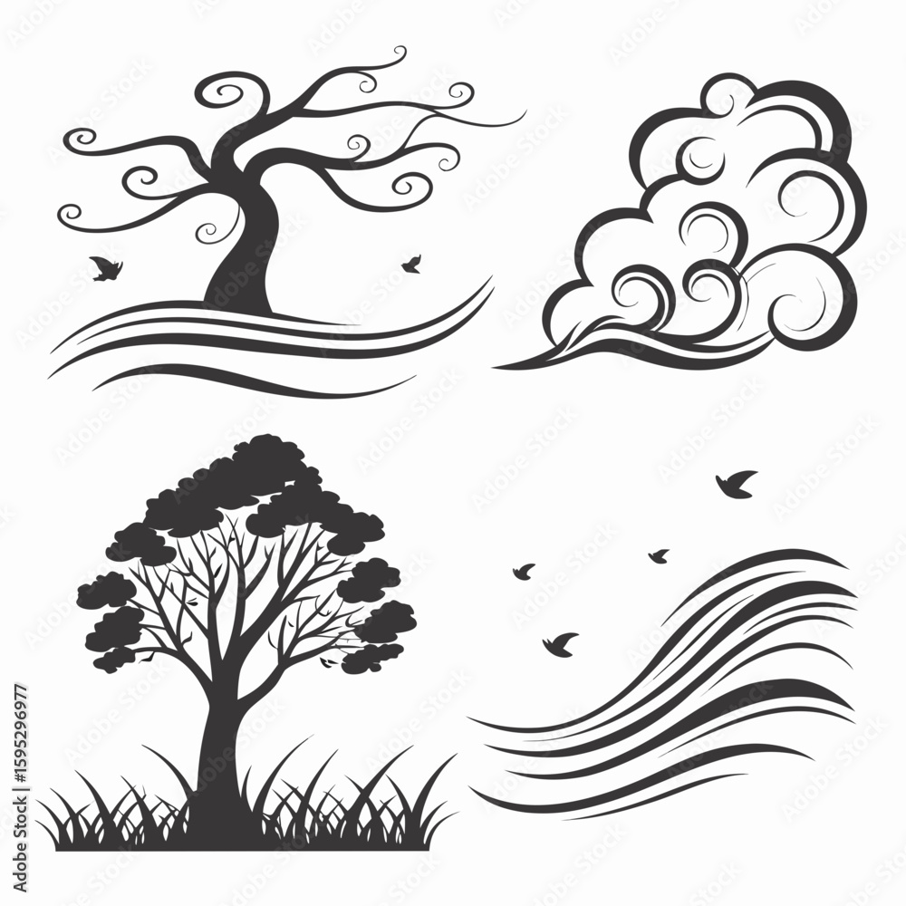 Fototapeta premium Stylized nature elements with birds and clouds vector
