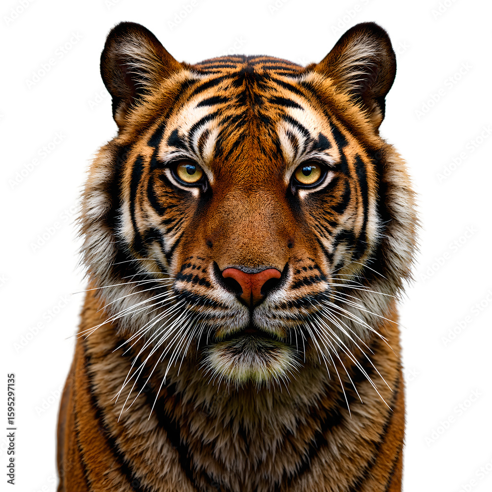 Fototapeta premium Close up shot of a powerful Bengal tiger showcasing its detailed orange fur striking stripes intense amber eyes and bold presence