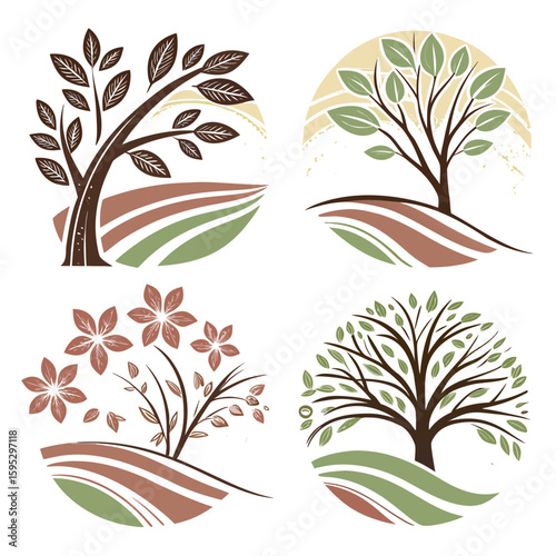 Stylized trees with foliage and rolling hills leaves
