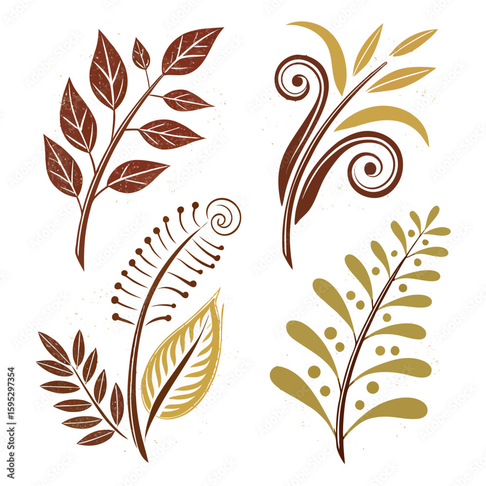 Obraz premium Textured botanical elements in brown and gold leaves