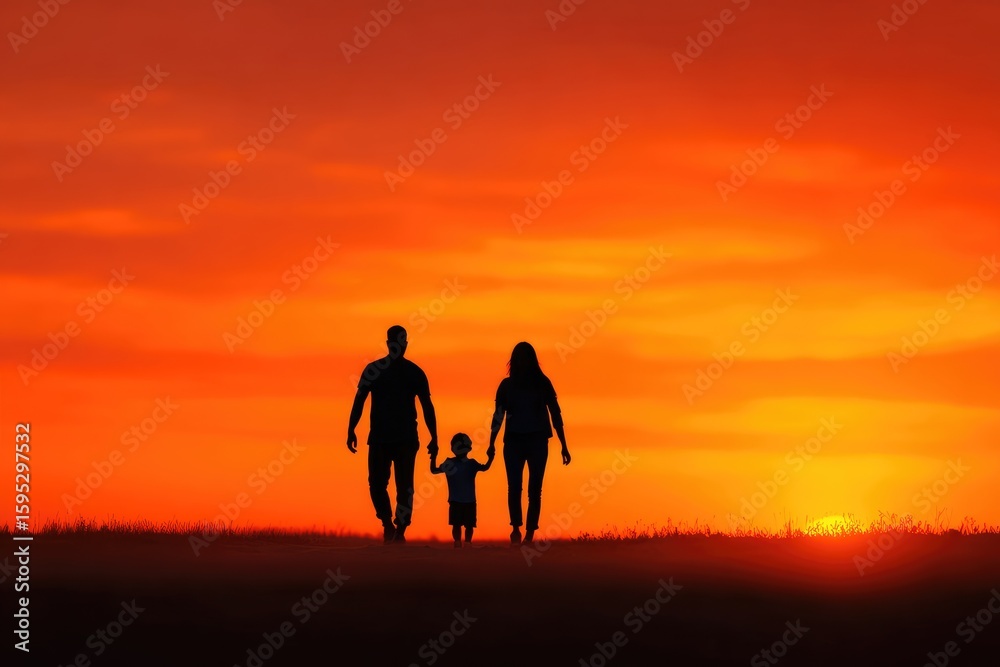 Fototapeta premium Silhouette of a family walking at sunset.