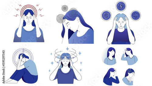 Tired Woman with Headache, Dizziness, and Fatigue – Early Signs of Chronic Illness Vector Illustration

