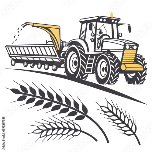 Tractor harvesting grain with wheat stalks harvester