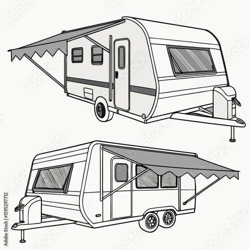 Two grey caravans with extended awnings camper trailer