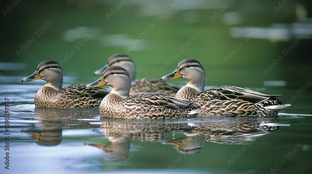 Fototapeta premium Four ducks swimming in a pond, with reflections on the water.