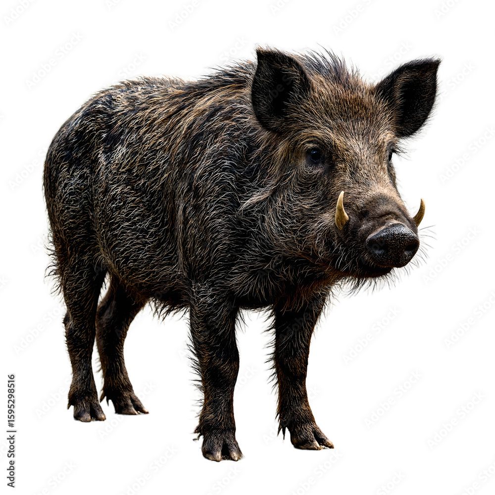 Close up image of a wild boar with dark bristly fur mud spots muscular body prominent tusks and intense gaze showcasing rugged wilderness beauty Close up image of a wild boar with dark bristly fur mud spots muscular body prominent tusks and intense gaze showcasing rugged wilderness beauty