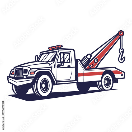 White tow truck with red boom and hook vehicle transport