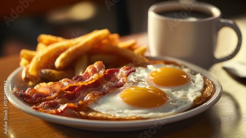 A classic American diner breakfast on a thick ceramic plate: two perfect sunny-side-up eggs, crispy bacon strips, and golden hash browns, next to a thick white coffee mug,, bright diner lighting.