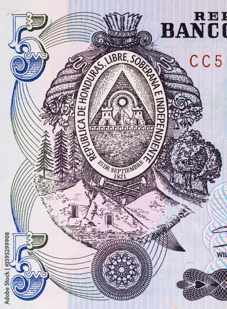 Naklejka premium Banknote 5 Lempiras of Honduras. Fragment for designers. Paper money of Honduras.