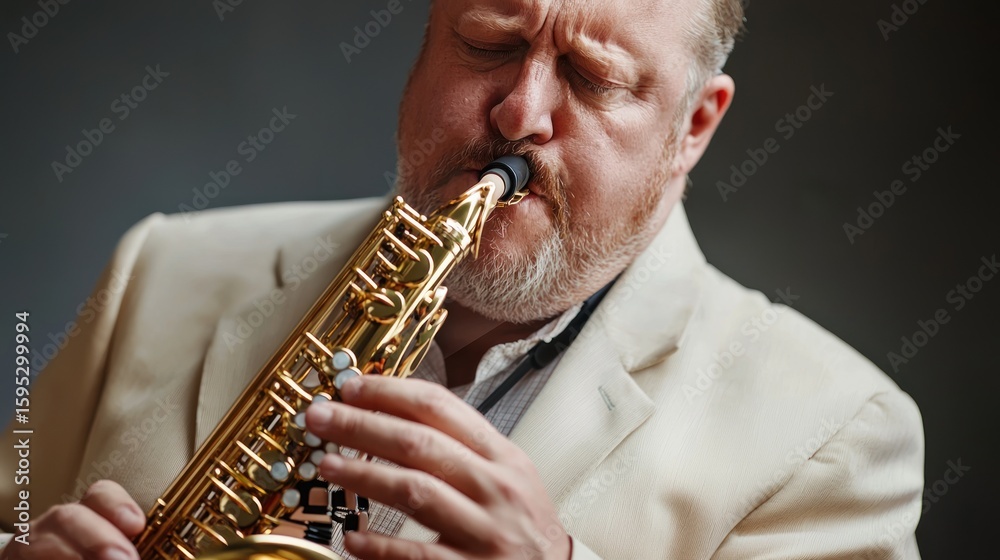 Fototapeta premium A man in a beige suit playing the saxophone in a dimly lit room with a dark background.