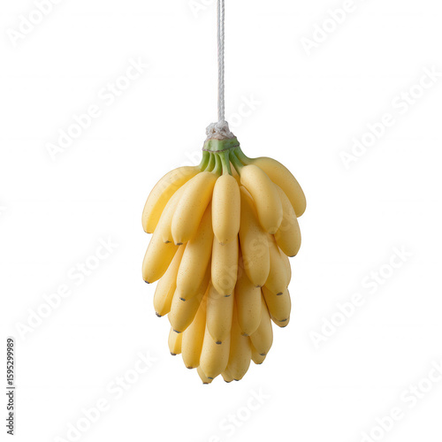A bunch of fresh, ripe bananas hanging against a white isolated background, showcasing their vibrant yellow color and natural curves.