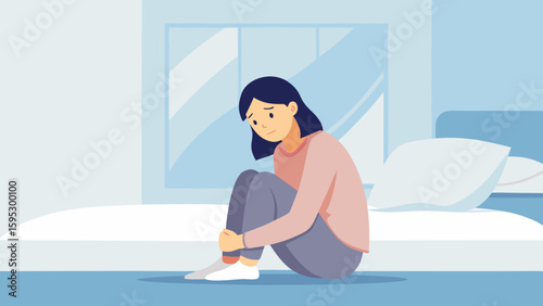 Sad woman sitting alone on bed in room, expressing signs of depression, anxiety, loneliness and emotional distress