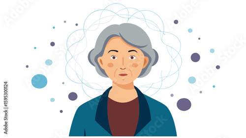Elderly woman with confused expression surrounded by abstract elements symbolizing dementia, memory loss and cognitive decline