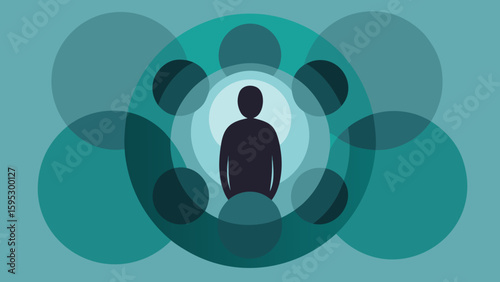 Silhouette of isolated person surrounded by overlapping circles symbolizing mental health issues, loneliness, anxiety and psychological pressure