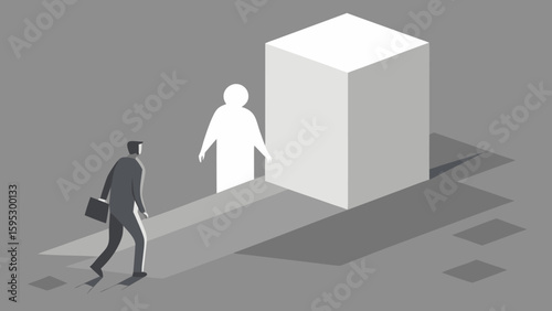 Man approaching a white cube with human silhouette cutout, symbolizing identity crisis, mental health struggle and psychological self-discovery