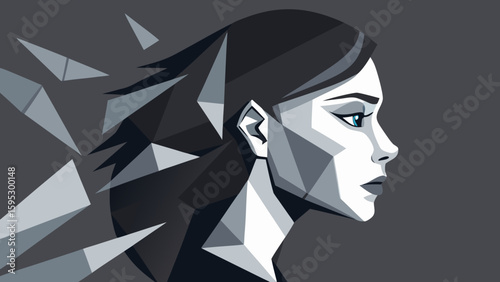 Abstract geometric portrait of a woman breaking apart, symbolizing emotional trauma, mental health struggle and psychological fragmentation