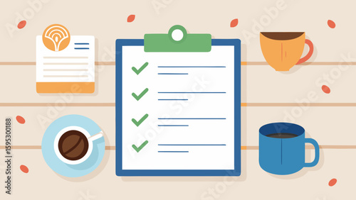 Checklist with coffee cups and notes symbolizing productivity, mental focus, healthy routine and emotional self-care practices