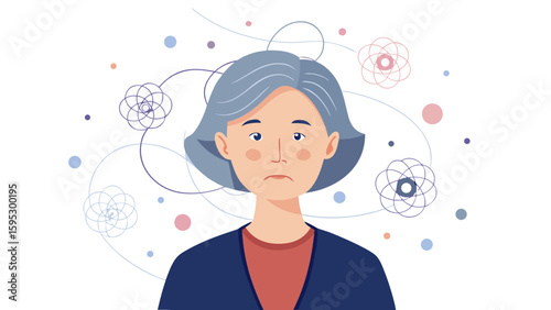 Sad elderly woman with abstract chaotic lines around head symbolizing dementia, confusion, memory loss and mental health issues