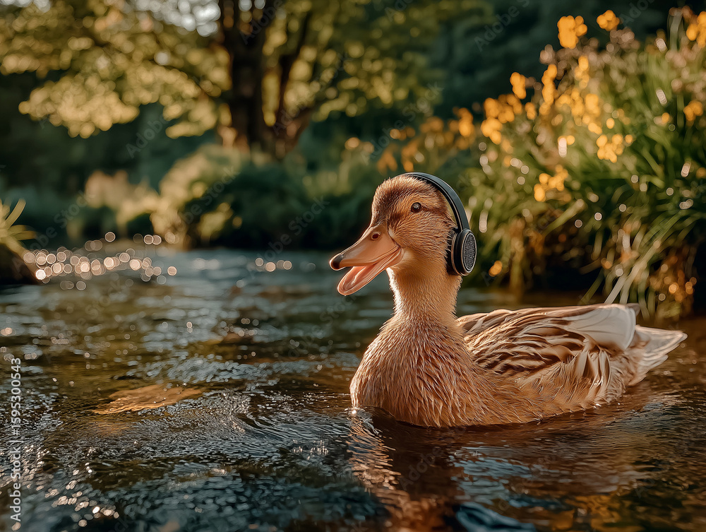 Fototapeta premium Duck Enjoying Music: A whimsical duck floats on a tranquil river, adorning headphones, immersed in a world of sound, showcasing the fun of modern technology blending with nature's charm.