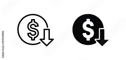 Dollar sign with downward arrow icon representing financial decrease