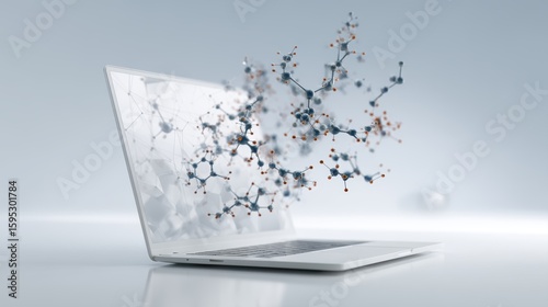 A futuristic laptop displaying a complex 3D molecular structure emerging from the screen on a sleek, minimalistic surface, AI integrated laptop