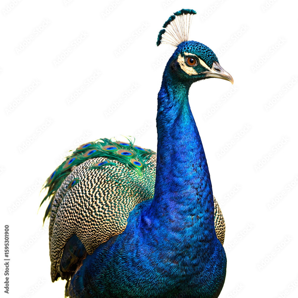 Naklejka premium Vibrant peacock showing off iridescent blue and green plumage with detailed feather eyespots elegant neck and proud posture symbolizing beauty and courtship