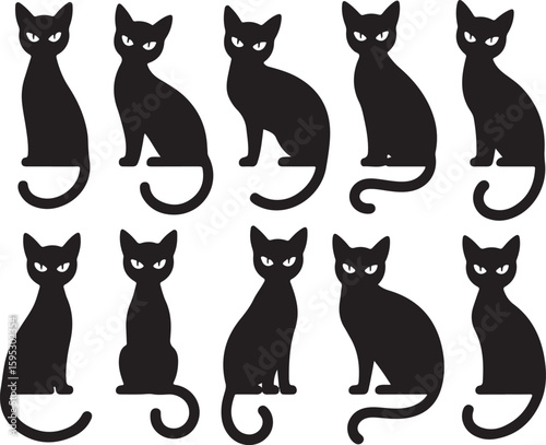 Halloween cat silhouette vector set, collection of witch cat with hat icon isolated on white background