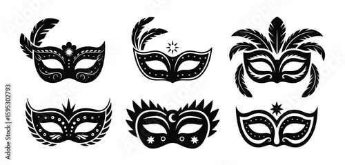 Collection of ornate black masquerade masks with feathers and decorative elements