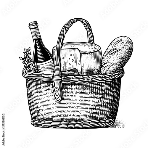 Vintage wicker basket filled with cheese, wine, and bread  