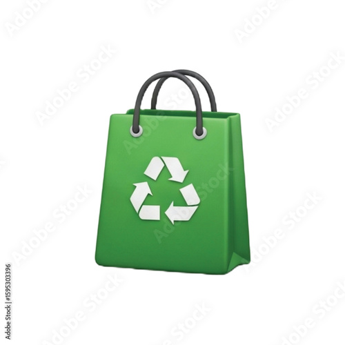 Green reusable shopping bag with a white recycling symbol prominently displayed on its front against a stark black background