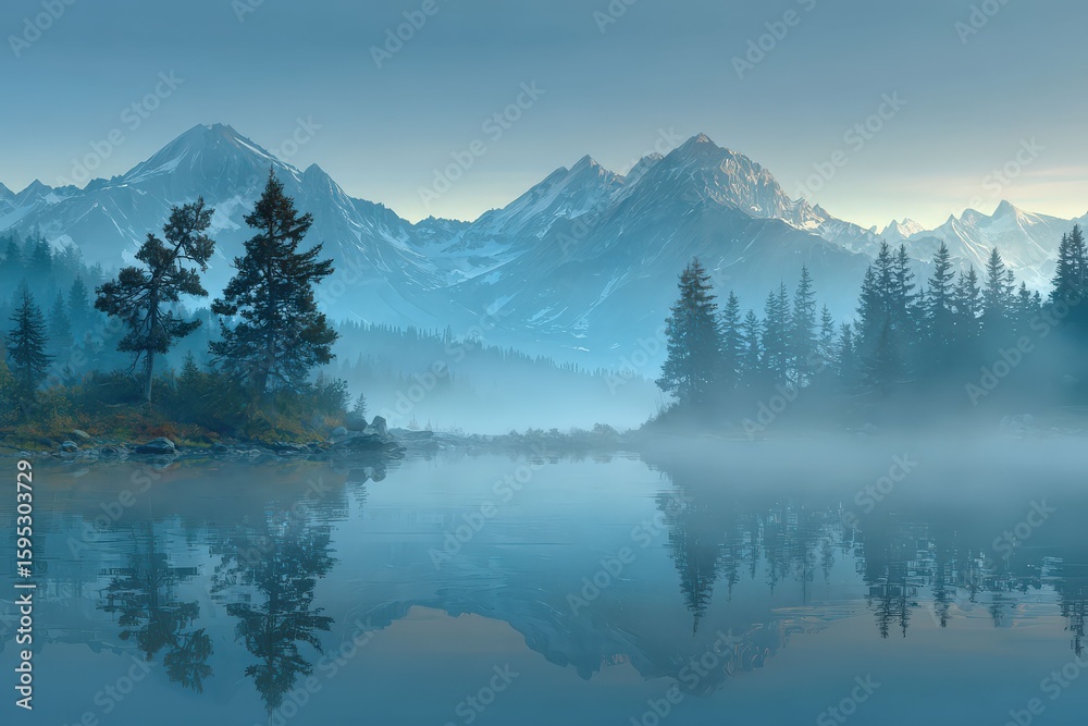 Obraz premium A breathtaking view of misty mountains reflecting on a lake, trees adding to the serene atmosphere