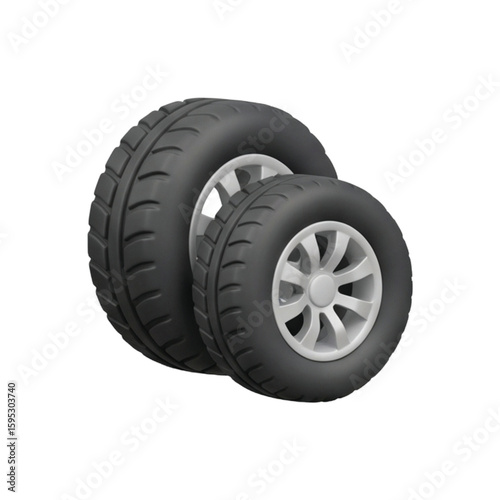 Two car tires with alloy wheels stacked and isolated on a black background showcasing tread patterns and automotive design