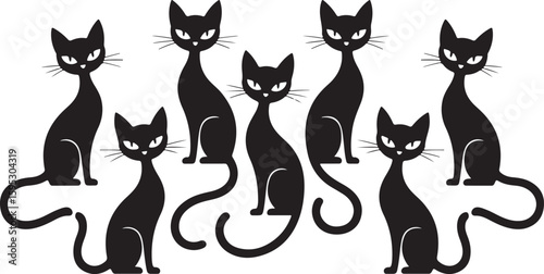 Halloween cat silhouette vector set, collection of witch cat with hat icon isolated on white background