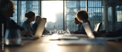 A productive meeting with business people collaborating in a modern office setting. Soft focus on laptops and water glasses, with the sun shining through the window, creating a warm ambiance.