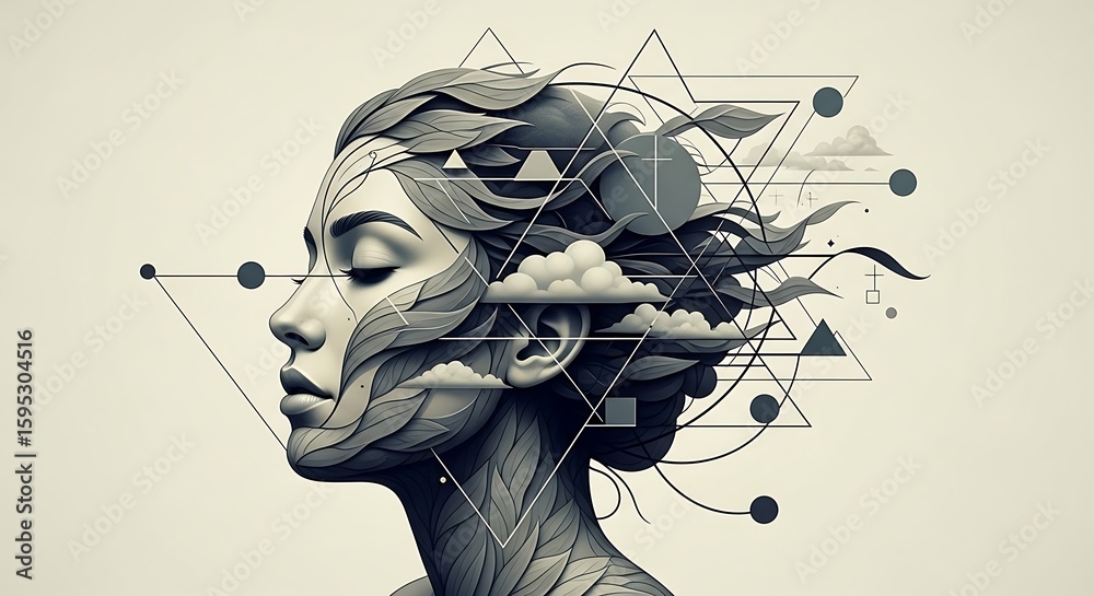 Fototapeta premium Abstract monochrome portrait with geometric shapes and leafy accents creates serene artistic piece