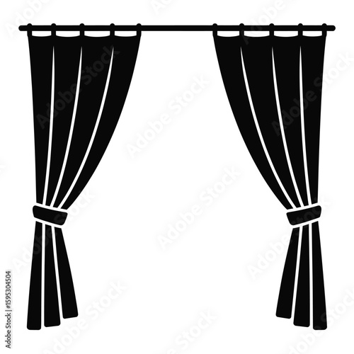 Drawn black curtains tied back with white bands