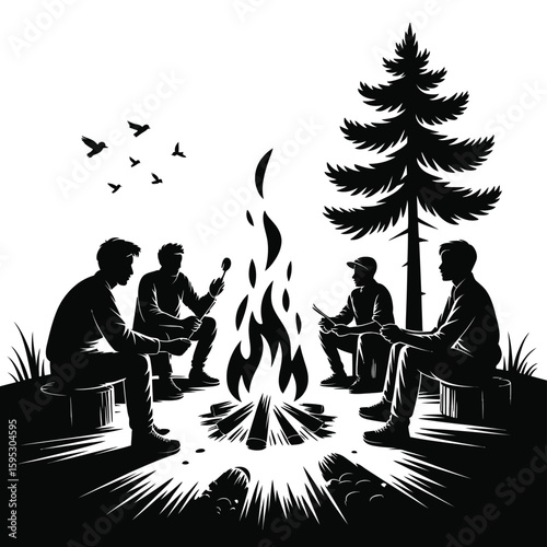 Friends gather around a campfire under a tall pine tree